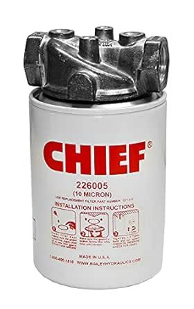 Chief Spin-On Filters Assembly - 10 Micron Hydraulic Filter - Hydraulic Filter Assembly with 15 PSI Bypass 250 PSI, 25 GPM, 3/4” NPTF Inlet/Outlet Port, 1"-12 Thread, No Indicator Port