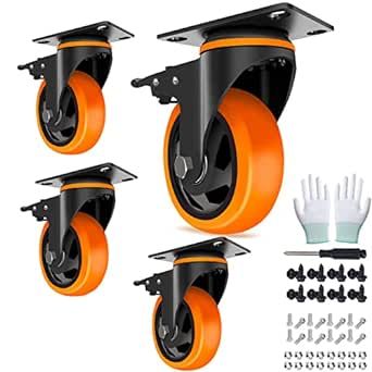 4 Inch Caster Wheels with Brake 2200lbs, Casters Set of 4, Heavy Duty Casters,Industrial Polyurethane Casters with Double Ball Bearings, Top Plate Swivel Castors Wheels for Furniture,Workbench,Cabinet