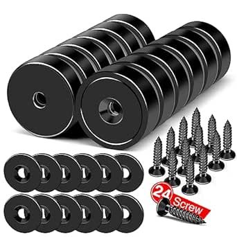 MIKEDE 12Pack Rare Earth Magnets with Hole, 30lbs Force Neodymium Cup Magnets with Countersunk Hole and Steel Capsule, Powerful Black Industrial Strong Magnets with Screws for Mounting,0.79x0.2inch
