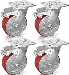 Casters Set of 4 Heavy Duty 6 inch Caster Wheels - ASRINIEY Locking Casters with No Noise Polyurethane on Steel Wheels, Swivel Plate Caster with Brake for Toolbox Workbench, 5000 lbs Total Capacity