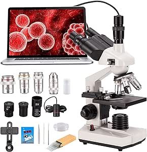 Compound trinocular Microscope, 40X-5000X Magnification, Digital Laboratory trinocular Compound LED Microscope with USB Camera and Mechanical Stage, WF10x and WF20x eyepieces, Abbe Condenser…