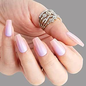 Polychrome&air Press On Nails Medium Long Coffin Ballerina ABS Natural Fit Fake Nails with Glue Reusable Manicure Glue On Nails Women Girls False Nails UV Cover Glossy Gel 15Sizes30PCS(Gradient Color)