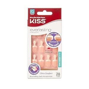 KISS Everlasting Press On Nails, Nail glue included, String Of Pearls', French, Real Short Size, Squoval Shape, Includes 28 Nails, 2g Glue, 1 Manicure Stick, 1 Mini file