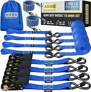 AUGO Ratchet Straps Heavy Duty 4 Pack -15 FT - 2200 LB Break Strength – Ratchet Tie Down Straps with Safety Lock S Hooks - Cargo Straps for Moving, Appliances, Motorcycle – Soft Loop Tie Down Straps